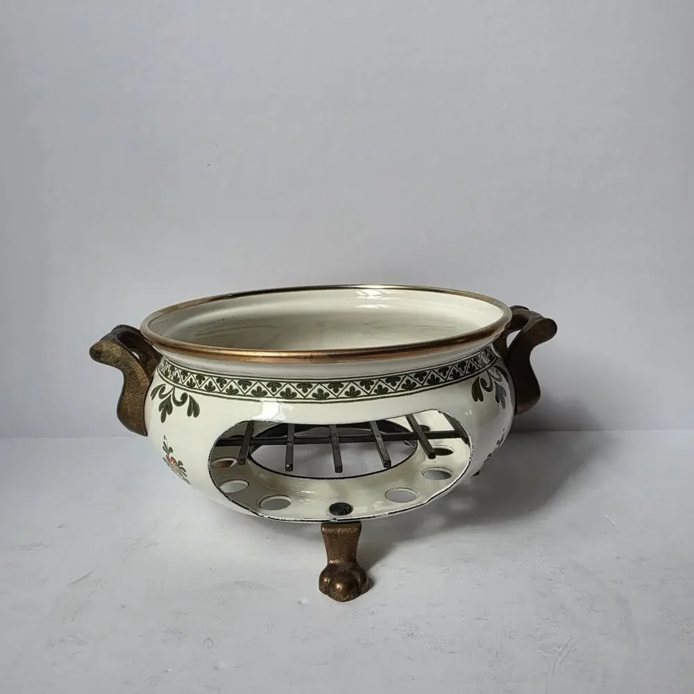 Vintage ASTA Germany Enamel Tea Kettle With Warmer Stand Floral Mid Century